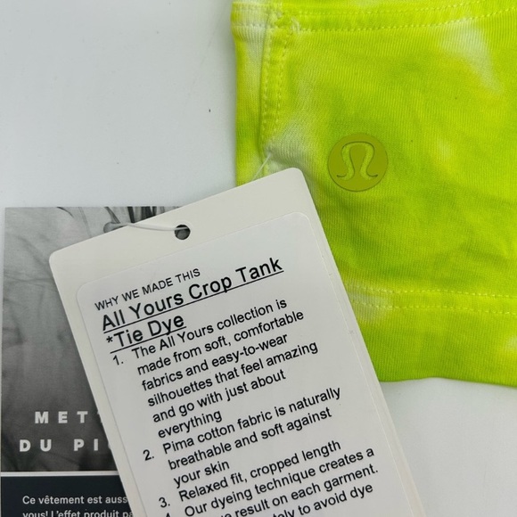 (B51) Lululemon All Yours Crop Tank *Tie Dye color MAR9 (lime green), Sz 12 NWT - Picture 9 of 14